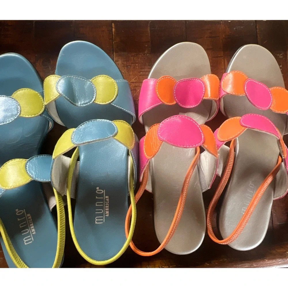 Munro Lot Colorful Leather Slip On Slides Sandals Heels 8W Blue Green Pink Orang